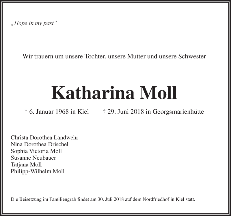  Traueranzeige für Katharina Moll vom 28.07.2018 aus Neue Osnabrücker Zeitung GmbH & Co. KG