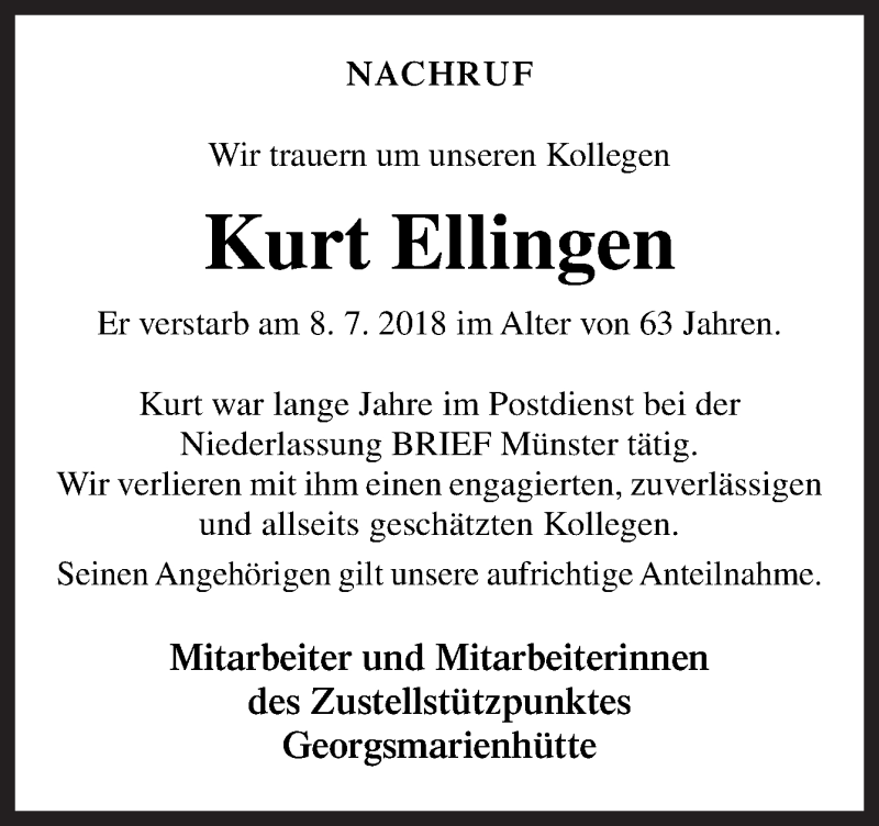  Traueranzeige für Kurt Ellingen vom 18.07.2018 aus Neue Osnabrücker Zeitung GmbH & Co. KG