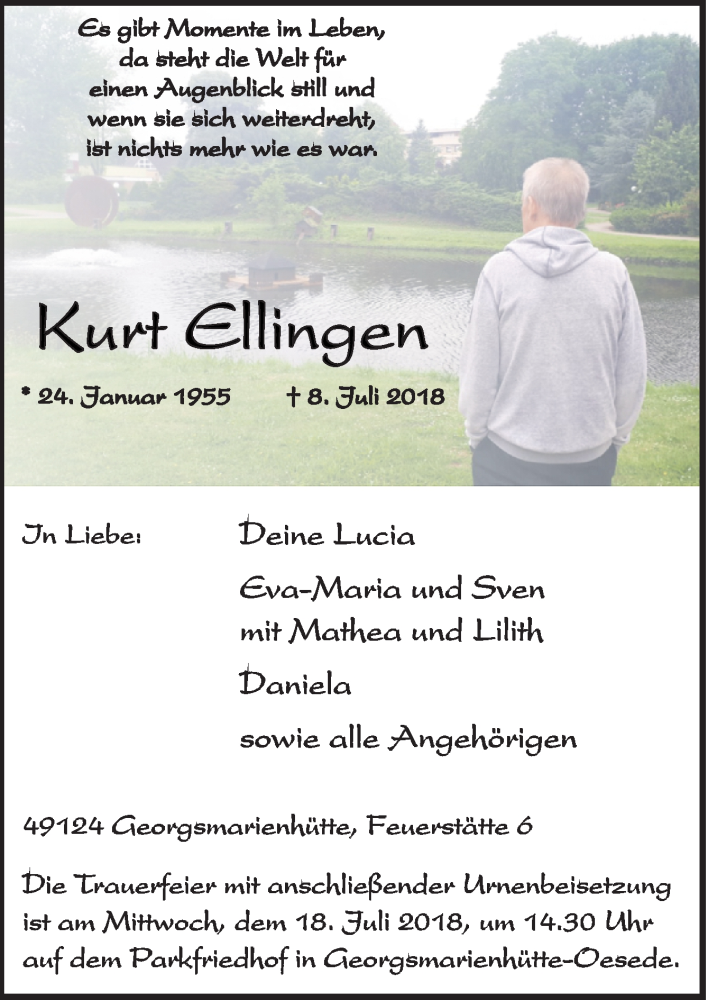  Traueranzeige für Kurt Ellingen vom 13.07.2018 aus Neue Osnabrücker Zeitung GmbH & Co. KG