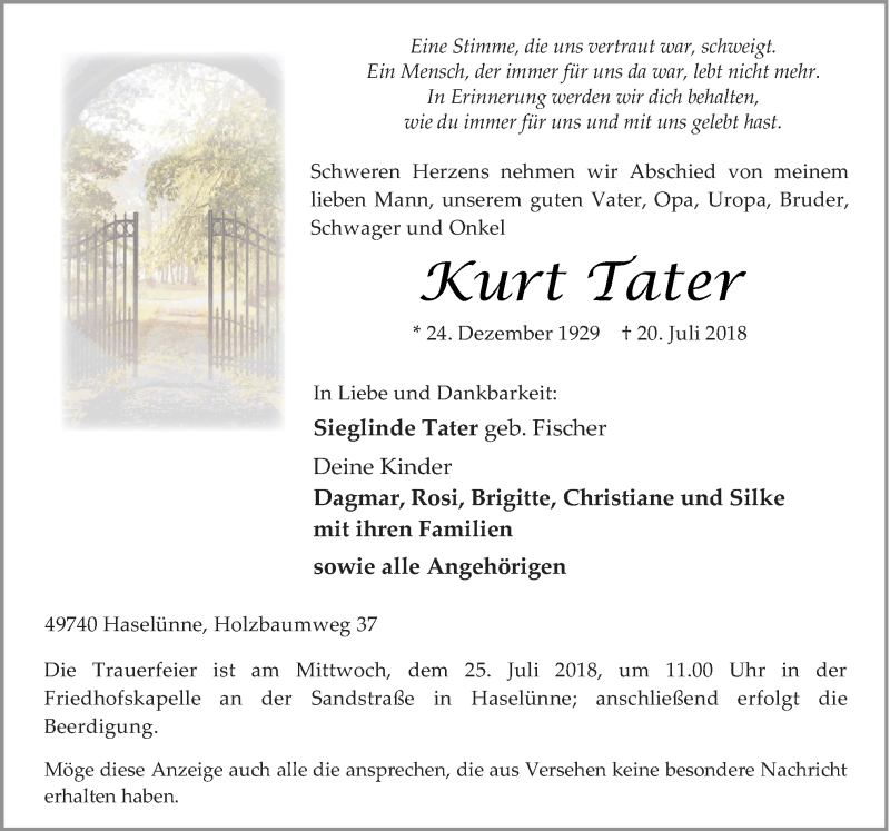  Traueranzeige für Kurt Tater vom 23.07.2018 aus Neue Osnabrücker Zeitung GmbH & Co. KG