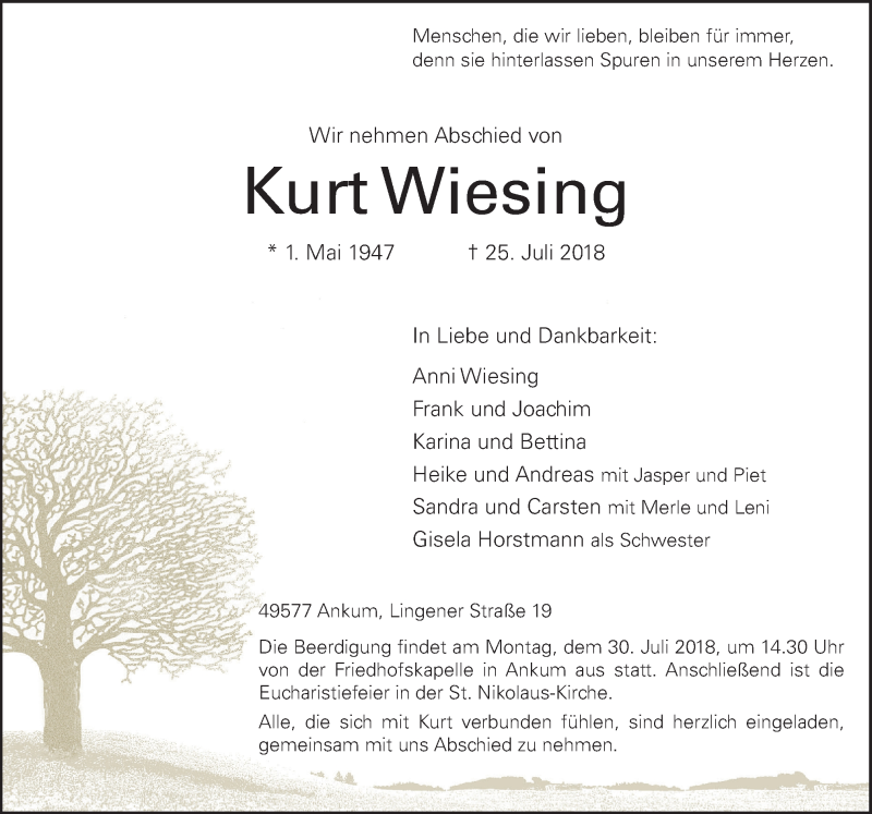  Traueranzeige für Kurt Wiesing vom 27.07.2018 aus Neue Osnabrücker Zeitung GmbH & Co. KG