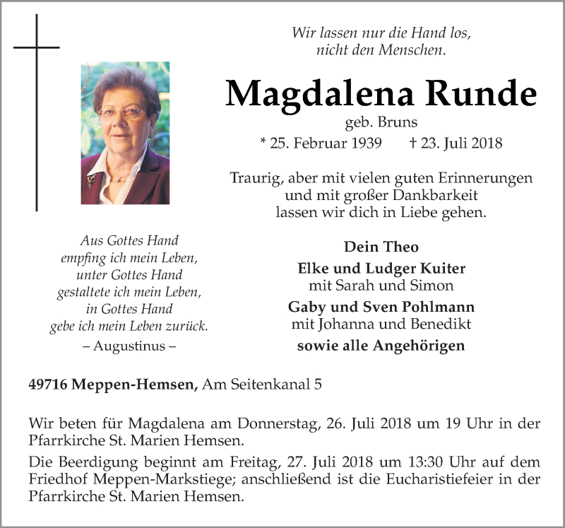  Traueranzeige für Magdalena Runde vom 25.07.2018 aus Neue Osnabrücker Zeitung GmbH & Co. KG
