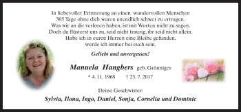 Traueranzeige von Manuela Hangbers von Neue Osnabrücker Zeitung GmbH & Co. KG