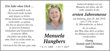 Traueranzeige von Manuela Hangbers von Neue Osnabrücker Zeitung GmbH & Co. KG