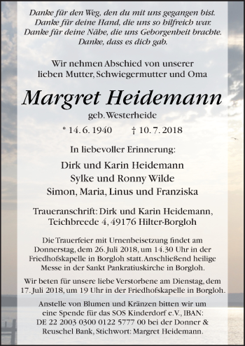 Traueranzeige von Margret Heidemann von Neue Osnabrücker Zeitung GmbH & Co. KG