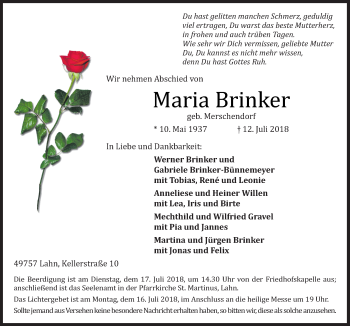 Traueranzeige von Maria Brinker von Neue Osnabrücker Zeitung GmbH & Co. KG