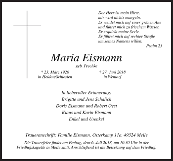 Traueranzeige von Maria Eismann von Neue Osnabrücker Zeitung GmbH & Co. KG