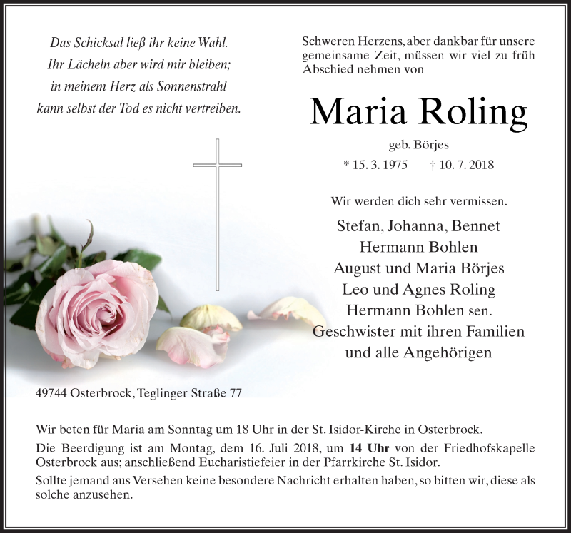  Traueranzeige für Maria Roling vom 13.07.2018 aus Neue Osnabrücker Zeitung GmbH & Co. KG