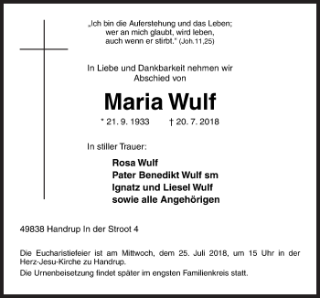 Traueranzeige von Maria Wulf von Neue Osnabrücker Zeitung GmbH & Co. KG