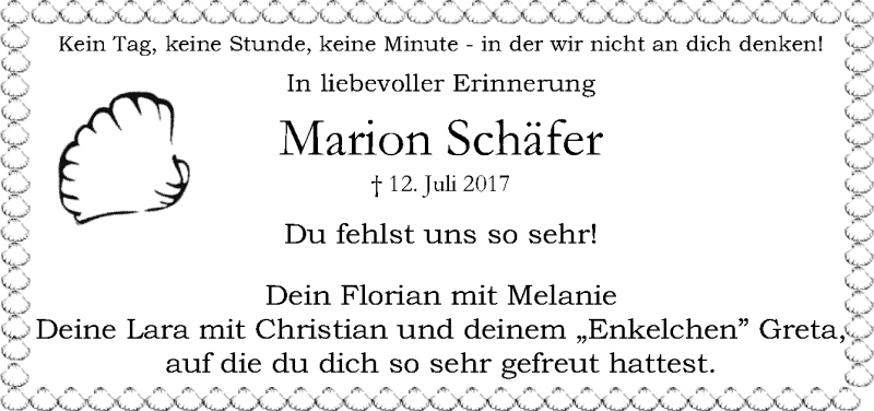  Traueranzeige für Marion Schäfer vom 12.07.2018 aus Neue Osnabrücker Zeitung GmbH & Co. KG