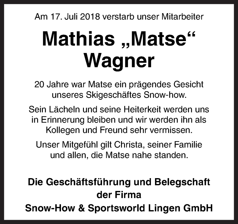  Traueranzeige für Mathias Wagner vom 23.07.2018 aus Neue Osnabrücker Zeitung GmbH & Co. KG