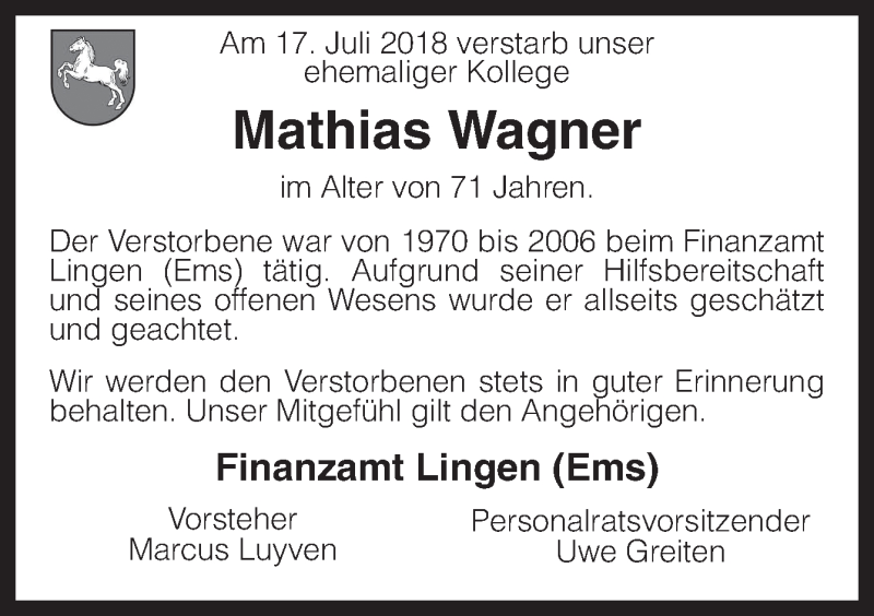  Traueranzeige für Mathias Wagner vom 25.07.2018 aus Neue Osnabrücker Zeitung GmbH & Co. KG