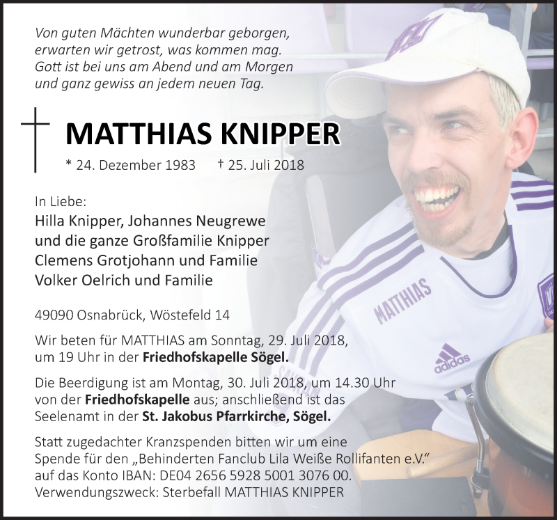  Traueranzeige für Matthias Knipper vom 27.07.2018 aus Neue Osnabrücker Zeitung GmbH & Co. KG