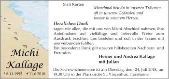 Traueranzeige von Michi Kallage von Neue Osnabrücker Zeitung GmbH & Co. KG