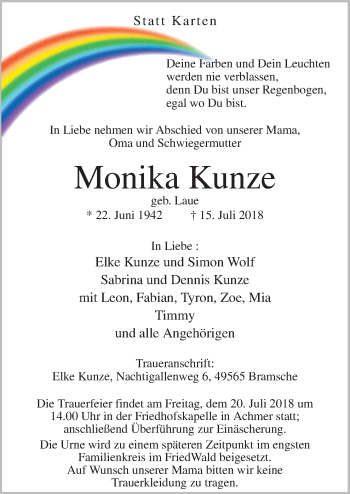 Traueranzeige von Monika Kunze von Neue Osnabrücker Zeitung GmbH & Co. KG