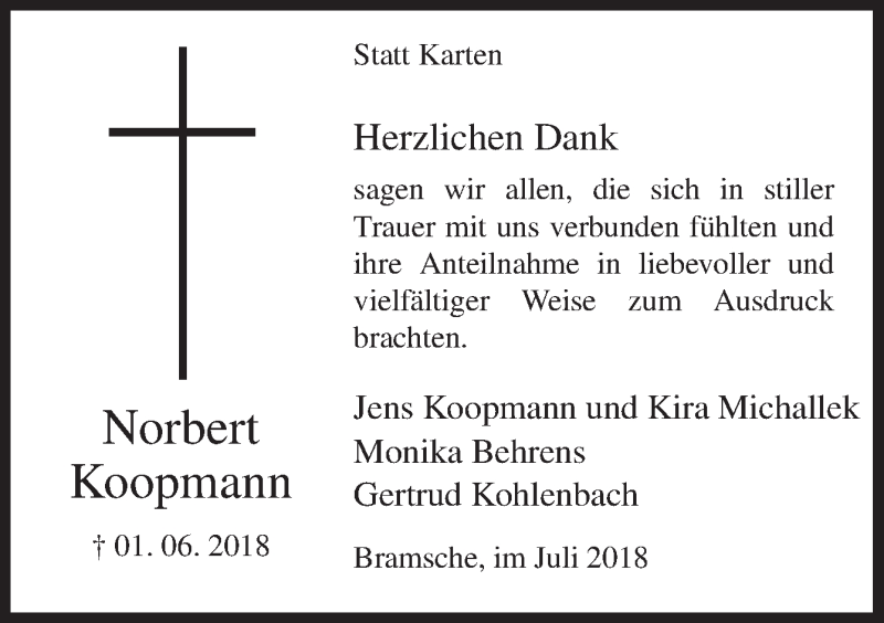  Traueranzeige für Norbert Koopmann vom 07.07.2018 aus Neue Osnabrücker Zeitung GmbH & Co. KG