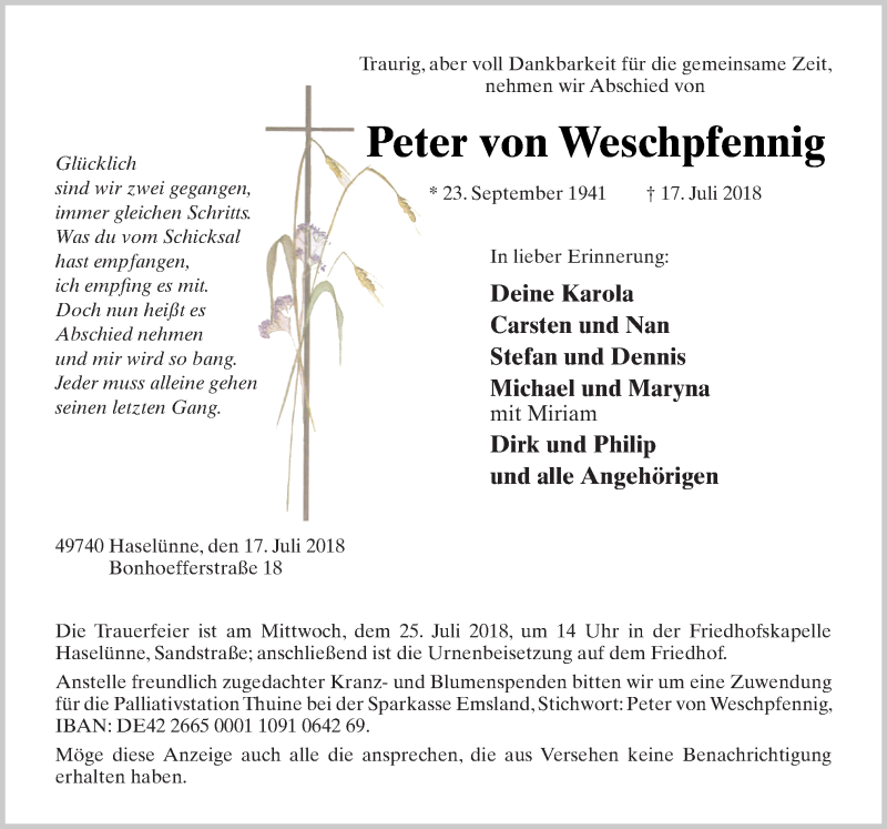  Traueranzeige für Peter von Weschpfennig vom 21.07.2018 aus Neue Osnabrücker Zeitung GmbH & Co. KG