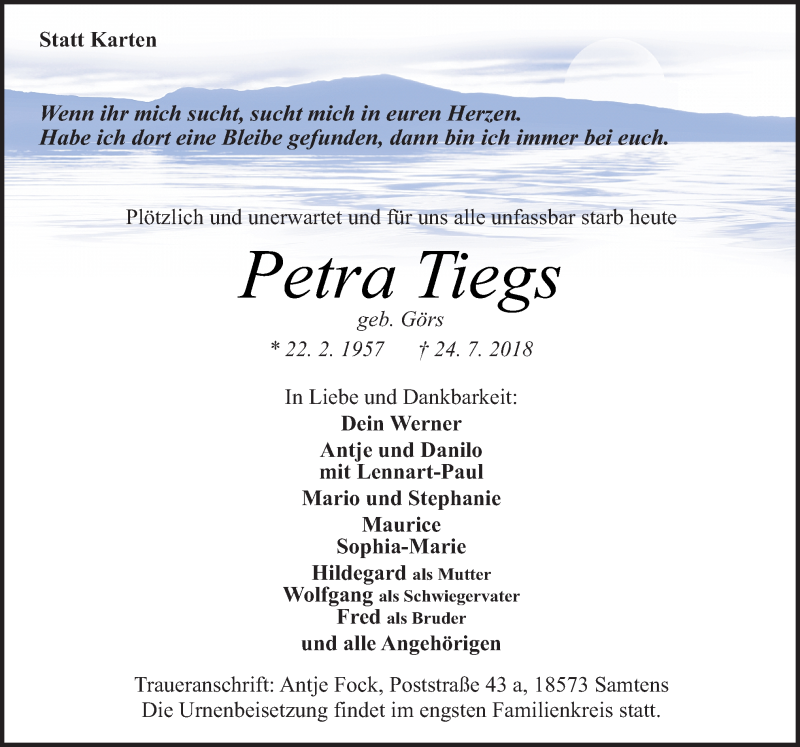  Traueranzeige für Petra Tiegs vom 28.07.2018 aus Neue Osnabrücker Zeitung GmbH & Co. KG