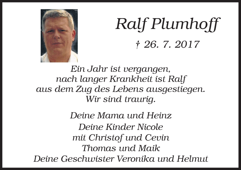  Traueranzeige für Ralf Plumhoff vom 26.07.2018 aus Neue Osnabrücker Zeitung GmbH & Co. KG