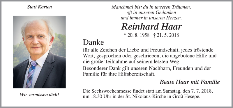  Traueranzeige für Reinhard Haar vom 04.07.2018 aus Neue Osnabrücker Zeitung GmbH & Co. KG