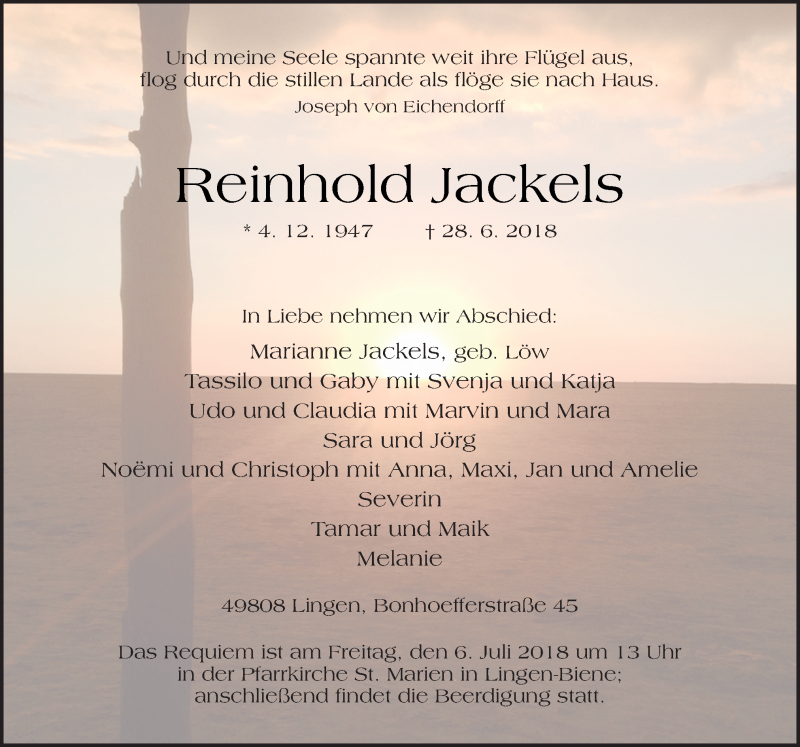  Traueranzeige für Reinhold Jackels vom 04.07.2018 aus Neue Osnabrücker Zeitung GmbH & Co. KG