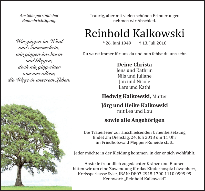  Traueranzeige für Reinhold Kalkowski vom 21.07.2018 aus Neue Osnabrücker Zeitung GmbH & Co. KG