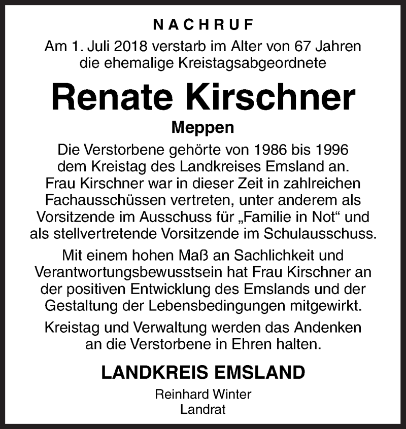  Traueranzeige für Renate Kirschner vom 05.07.2018 aus Neue Osnabrücker Zeitung GmbH & Co. KG