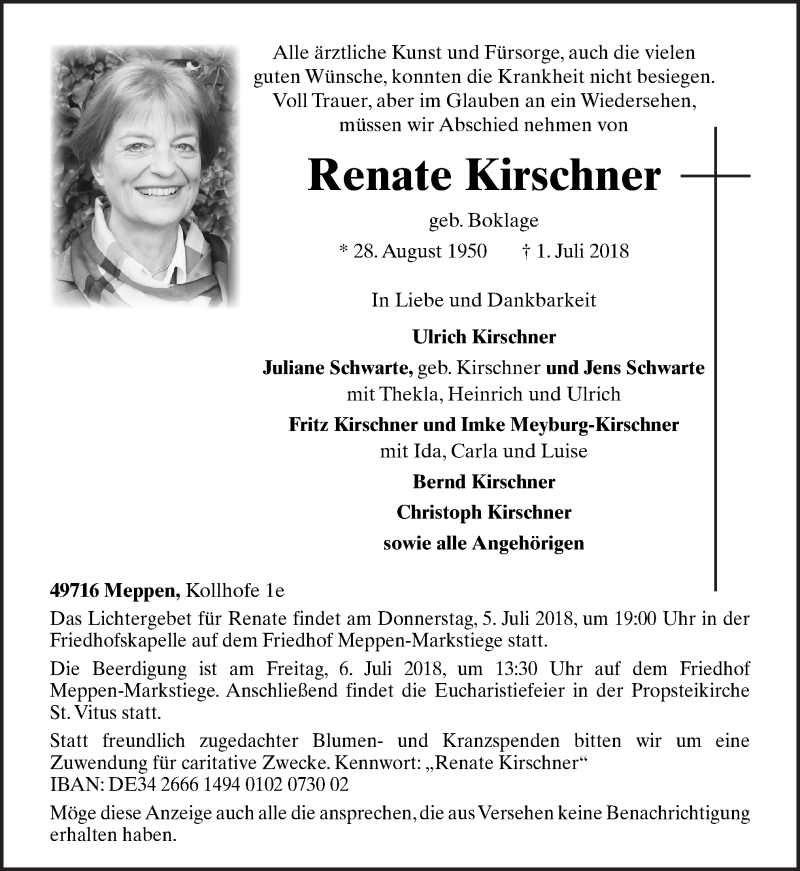  Traueranzeige für Renate Kirschner vom 03.07.2018 aus Neue Osnabrücker Zeitung GmbH & Co. KG