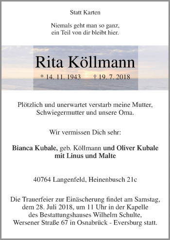 Traueranzeige von Rita Köllmann von Neue Osnabrücker Zeitung GmbH & Co. KG