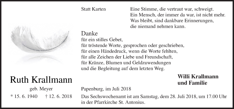  Traueranzeige für Ruth Krallmann vom 25.07.2018 aus Neue Osnabrücker Zeitung GmbH & Co. KG