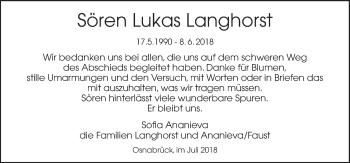 Traueranzeige von Sören Lukas Langhorst von Neue Osnabrücker Zeitung GmbH & Co. KG
