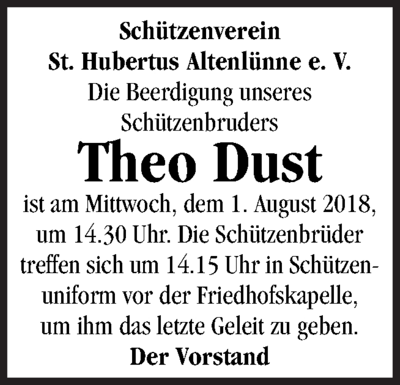  Traueranzeige für Theo Dust vom 30.07.2018 aus Neue Osnabrücker Zeitung GmbH & Co. KG