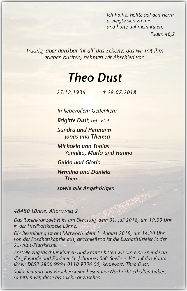  Traueranzeige für Theo Dust vom 30.07.2018 aus Neue Osnabrücker Zeitung GmbH & Co. KG