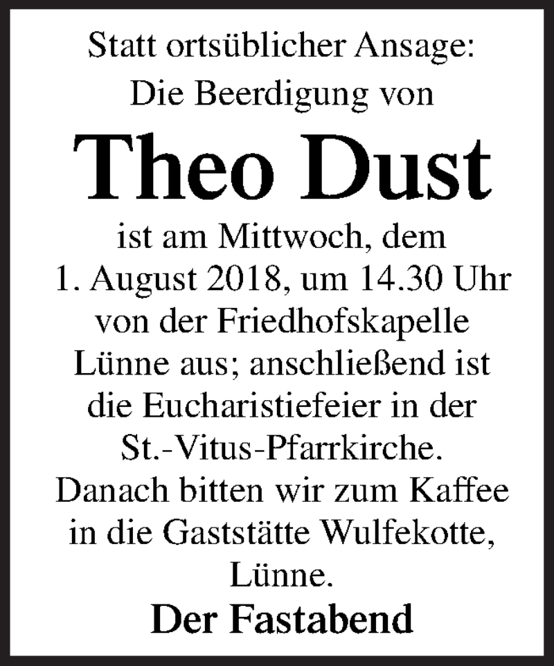  Traueranzeige für Theo Dust vom 30.07.2018 aus Neue Osnabrücker Zeitung GmbH & Co. KG