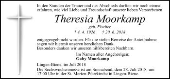Traueranzeige von Theresia Moorkamp von Neue Osnabrücker Zeitung GmbH & Co. KG