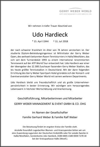 Traueranzeige von Udo Hardieck von Neue Osnabrücker Zeitung GmbH & Co. KG