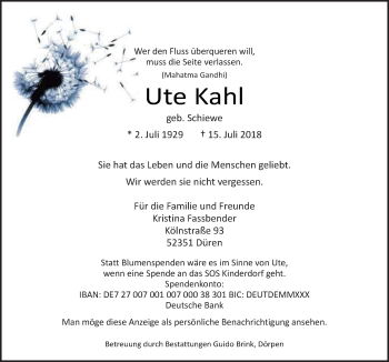 Traueranzeige von Ute Kahl von Neue Osnabrücker Zeitung GmbH & Co. KG