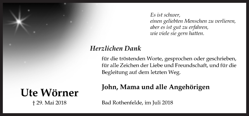  Traueranzeige für Ute Wörner vom 11.07.2018 aus Neue Osnabrücker Zeitung GmbH & Co. KG