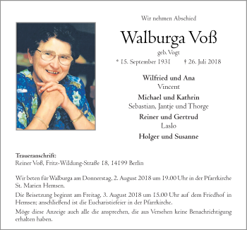 Traueranzeige von Walburga Voß von Neue Osnabrücker Zeitung GmbH & Co. KG