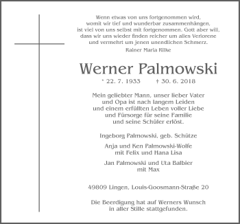 Traueranzeige von Werner Palmowski von Neue Osnabrücker Zeitung GmbH & Co. KG