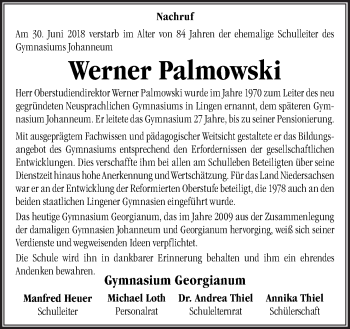 Traueranzeige von Werner Palmowski von Neue Osnabrücker Zeitung GmbH & Co. KG