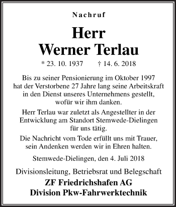 Traueranzeige von Werner Terlau von Neue Osnabrücker Zeitung GmbH & Co. KG