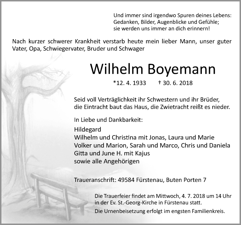  Traueranzeige für Wilhelm Boyemann vom 02.07.2018 aus Neue Osnabrücker Zeitung GmbH & Co. KG