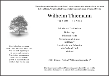 Traueranzeige von Wilhelm Thiemann von Neue Osnabrücker Zeitung GmbH & Co. KG