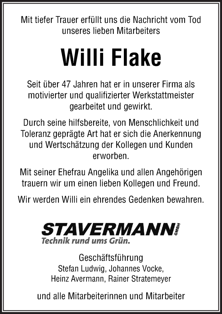  Traueranzeige für Willi Flake vom 10.07.2018 aus Neue Osnabrücker Zeitung GmbH & Co. KG