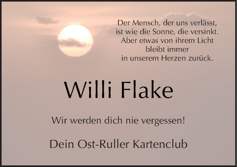  Traueranzeige für Willi Flake vom 10.07.2018 aus Neue Osnabrücker Zeitung GmbH & Co. KG