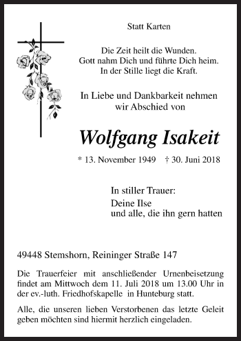Traueranzeige von Wolfgang Isakeit von Neue Osnabrücker Zeitung GmbH & Co. KG