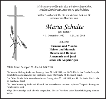 Traueranzeige von maria Schulte von Neue Osnabrücker Zeitung GmbH & Co. KG