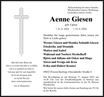 Traueranzeige von Aenne Giesen von Neue Osnabrücker Zeitung GmbH & Co. KG