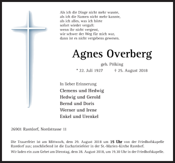 Traueranzeige von Agnes Overberg von Neue Osnabrücker Zeitung GmbH & Co. KG